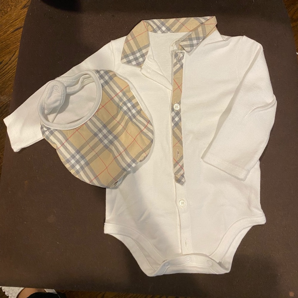 Burberry baby onesie (6 months) with a bib
